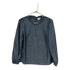 J Crew Shirt Women’s S Blue Chambray Ruffle Neck Long Sleeve Button Top Peasant